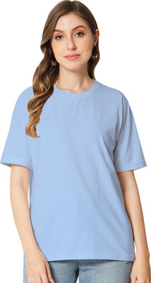 HouseOfCommon Solid Women Round Neck Blue T-Shirt