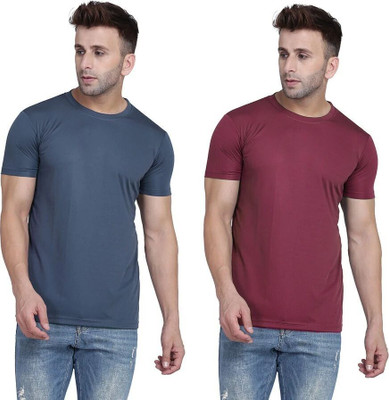 TQH Solid Men Round Neck Maroon, Grey T-Shirt