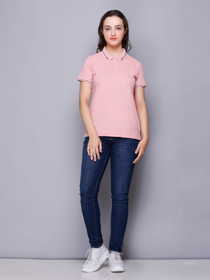ELPIDA Solid Women Polo Neck Beige T-Shirt
