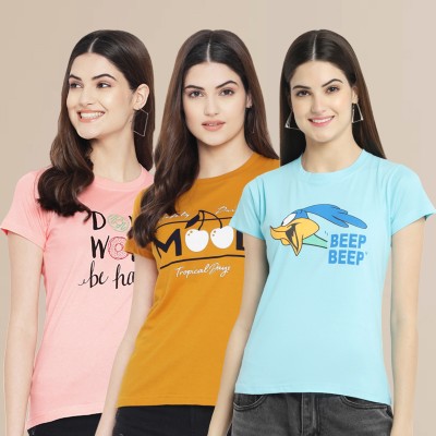 METRONAUT Printed Women Round Neck Light Blue, Yellow, Pink T-Shirt