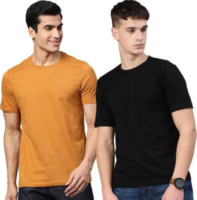 Organic Chics Solid Men Round Neck Black, Yellow T-Shirt