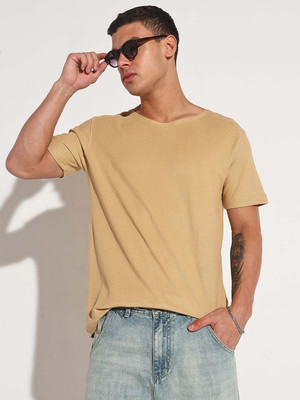 SHOWOFFFF Solid Men Round Neck Beige T-Shirt