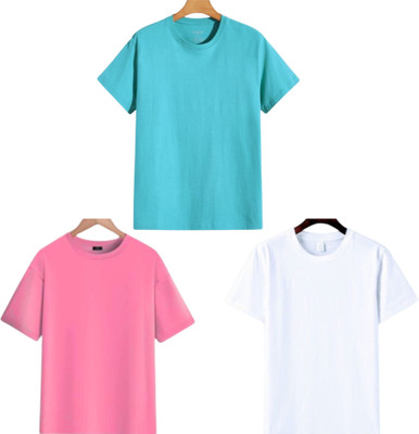 TTFE Solid Men Round Neck Light Blue, Pink, White T-Shirt