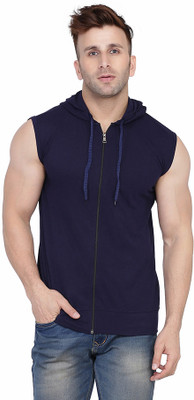 tfurnish Solid Men Hooded Neck Dark Blue T-Shirt