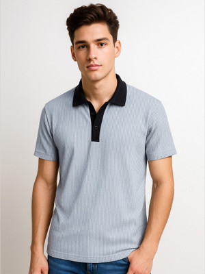 Jump Cuts Striped Men Polo Neck Grey T-Shirt