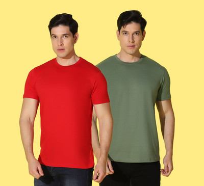 WOOSTRO Solid Men Round Neck Red, Green T-Shirt