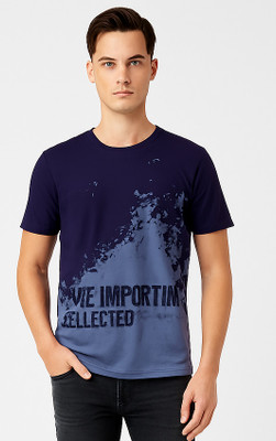 FASH BEE Graphic Print, Washed/Ombre, Printed Men Round Neck Dark Blue T-Shirt