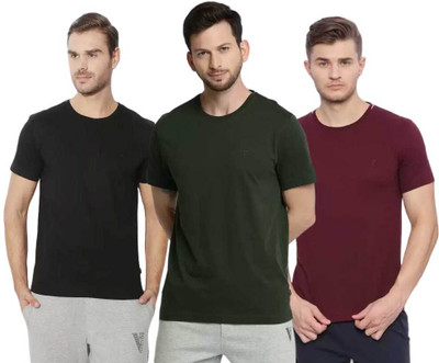 VAN HEUSEN Solid Men Round Neck Dark Green, Black, Maroon T-Shirt
