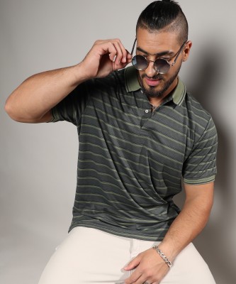 Instafab Plus Striped Men Polo Neck Grey T-Shirt