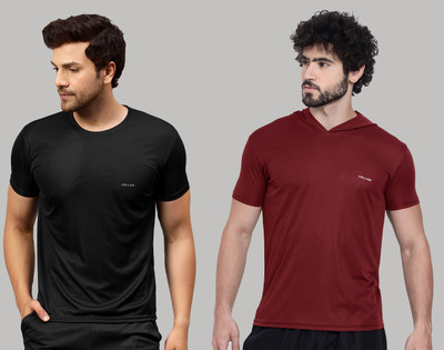 UDI n ADI Solid Men Round Neck Black, Maroon T-Shirt