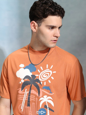 HIGHLANDER Printed Men Round Neck Brown T-Shirt