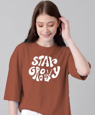 NVYARI Printed, Typography Women Round Neck Brown T-Shirt