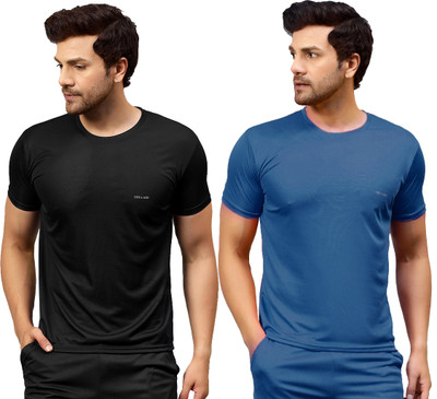 UDI n ADI Solid Men Round Neck Dark Blue, Black T-Shirt