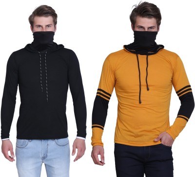 HYDEY Solid Men Hooded Neck Black, Yellow T-Shirt