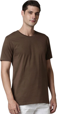 Maxzone Solid Men Round Neck Brown T-Shirt