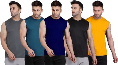 Think Tech Solid Men Round Neck Grey, Blue, Dark Blue, Black, Yellow T-Shirt