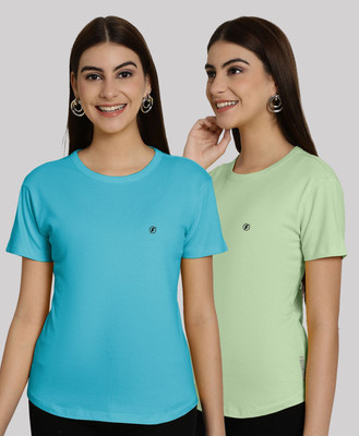 HouseOfCommon Solid Women Mandarin Collar Light Blue, Light Green T-Shirt