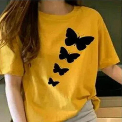 TARSHI Printed Women Round Neck Yellow T-Shirt