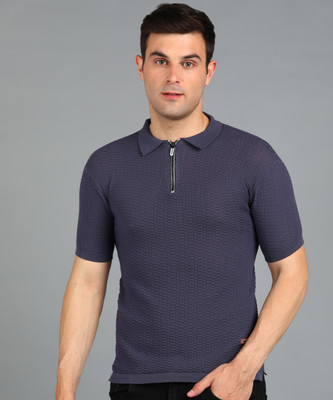 Recorrer Self Design Men Polo Neck Grey T-Shirt