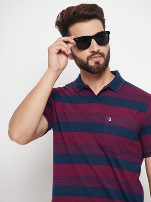 UNNIBERRY Striped Men Polo Neck Maroon T-Shirt