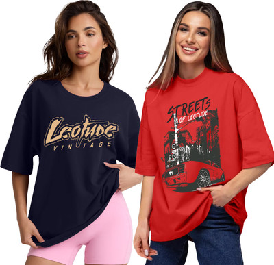 Leotude Printed, Typography Women Round Neck Multicolor T-Shirt