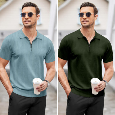 NTIFIC Solid Men Polo Neck Light Blue, Dark Green T-Shirt