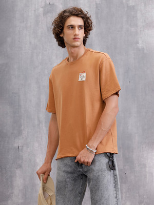 WROGN Solid Men Round Neck Brown T-Shirt
