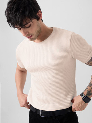 HEADLINE CREATION Self Design Men Round Neck Reversible Beige T-Shirt