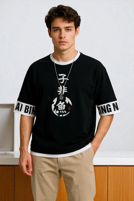 FAOES Printed Men Round Neck Black T-Shirt