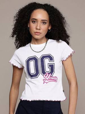 Roadster Printed Women Round Neck White T-Shirt