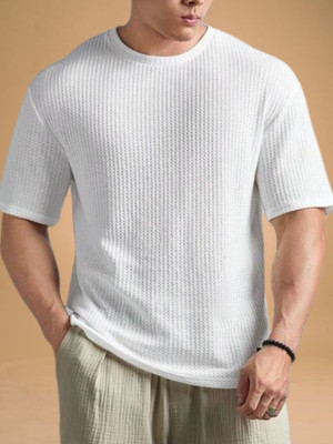 stylesmyth Self Design Men Round Neck White T-Shirt