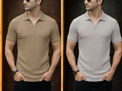 DSV Self Design Men Polo Neck Grey, Beige T-Shirt