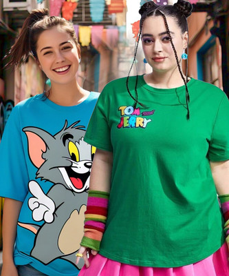 TOM AND JERRY by DreamBe Cartoon Women Round Neck Multicolor T-Shirt