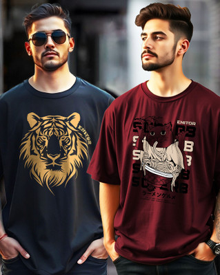 AOOSH Graphic Print Men Round Neck Black, Maroon T-Shirt