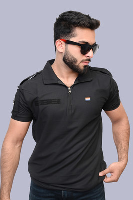 OMEE GOLD Solid Men Polo Neck Black T-Shirt