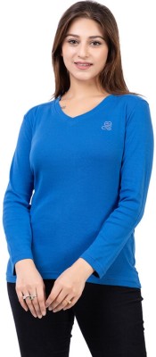 ARIIX Solid Women V Neck Blue T-Shirt