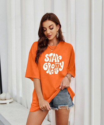Leotude Printed Women Round Neck Orange T-Shirt