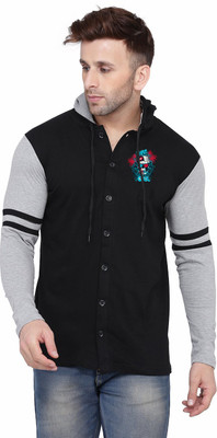 Lawful Casual Printed, Colorblock Men Hooded Neck Black, Grey T-Shirt