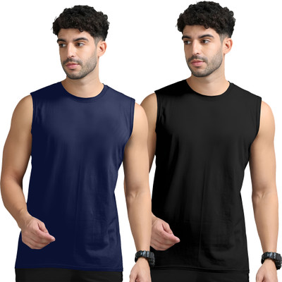 Adorbs Solid Men Round Neck Dark Blue, Black T-Shirt