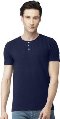 LazyChunks Solid Men Henley Neck Navy Blue T-Shirt