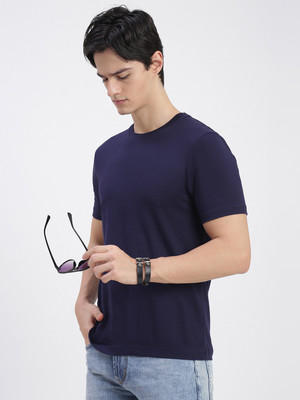 Super Hustler Solid Men Round Neck Blue T-Shirt