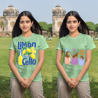 Parona Printed Women Round Neck Green T-Shirt