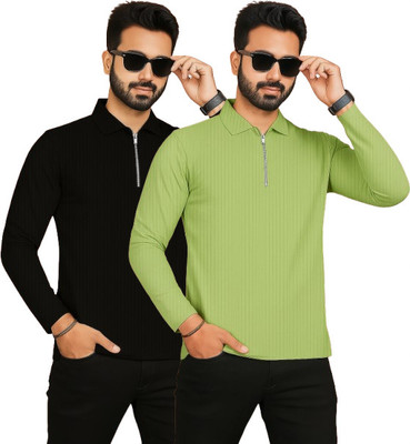 VINTAGE CROWN Striped Men Polo Neck Black, Green T-Shirt