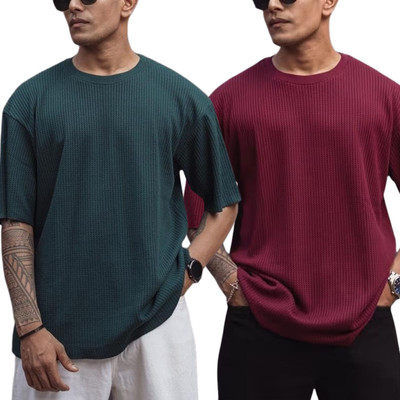 Ppenterises Solid Men Round Neck Green, Maroon T-Shirt