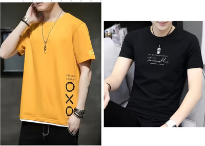 Pachirisu Printed Men Round Neck Yellow, Black T-Shirt