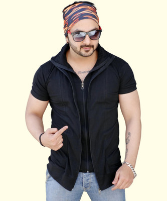 Black Collection Solid Men Zip Neck Black T-Shirt