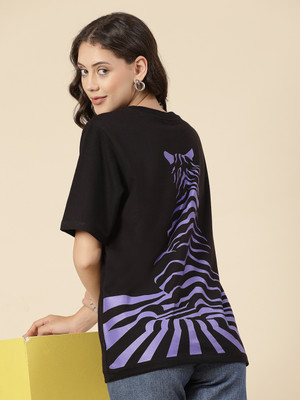 RIGO Printed Women Round Neck Black T-Shirt