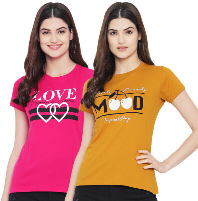 Fabflee Printed Women Round Neck Yellow, Pink T-Shirt