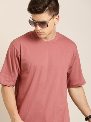 DIFFERENCE OF OPINION Solid Men Round Neck Pink T-Shirt