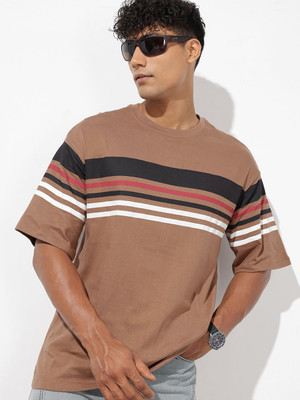 Roadster Striped Men Round Neck Brown T-Shirt